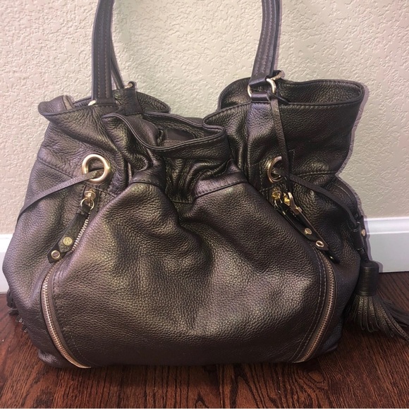 Cole Haan Womens Metallic Brown Leather Tassel Drawstring Satchel Handbag Bronze - Picture 14 of 16